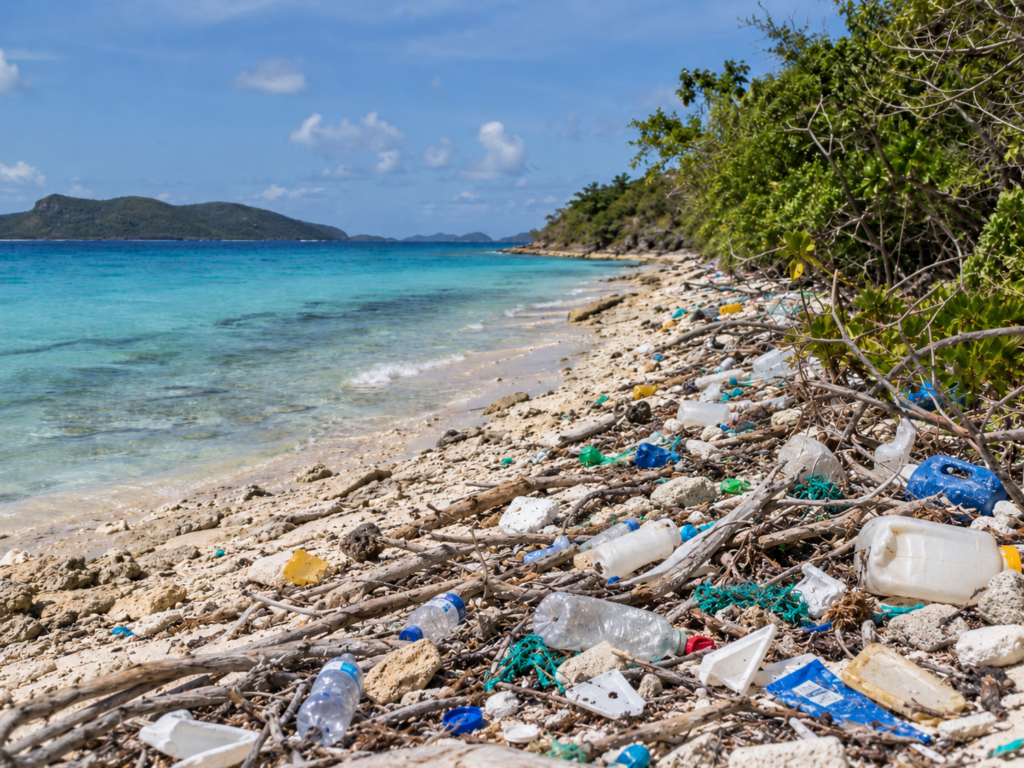 Marine debris accumulated along a remote tropical shoreline
